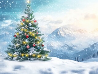 Snowy Christmas Tree with Mountains in Background