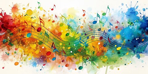 Fototapeta premium Watercolor Abstract Music Notes, Colorful Splatter Background, Musical Art, Melody, Composition, Notes, Music, Art, Watercolor