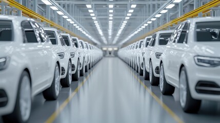 Row of white cars in a modern automotive manufacturing facility.