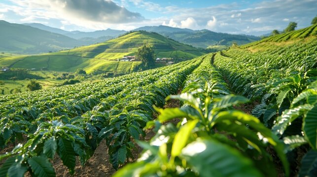 Rows of coffee plants stretching across a hillside, early morning light casting long shadows