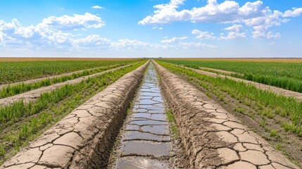 Fototapeta premium Tranquil Countryside Road Winding Through Lush Green Fields Under Scenic Cloudy Sky