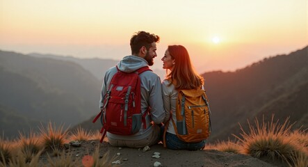 A pair of hikers in love enjoying the beautiful sunrise scenery at the summit. Ai Intelligence Generation.