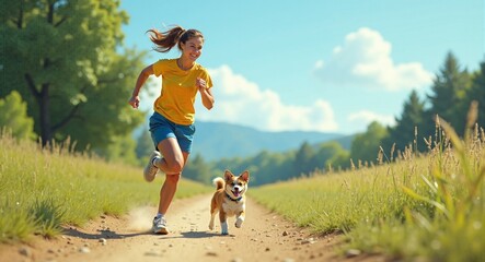 A girl running happily in the wilderness with a dog. Ai Intelligence Generation.