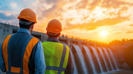 Two engineers observing a dam at sunset with safety helmets and vests.