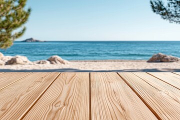 Fototapeta premium Rustic Wooden Tabletop Against Blurred Beach Background
