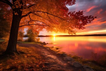 Beautiful sunrise autumn landscape outdoors.