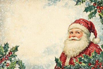 Vintage Santa Claus with Snowy Christmas Background
