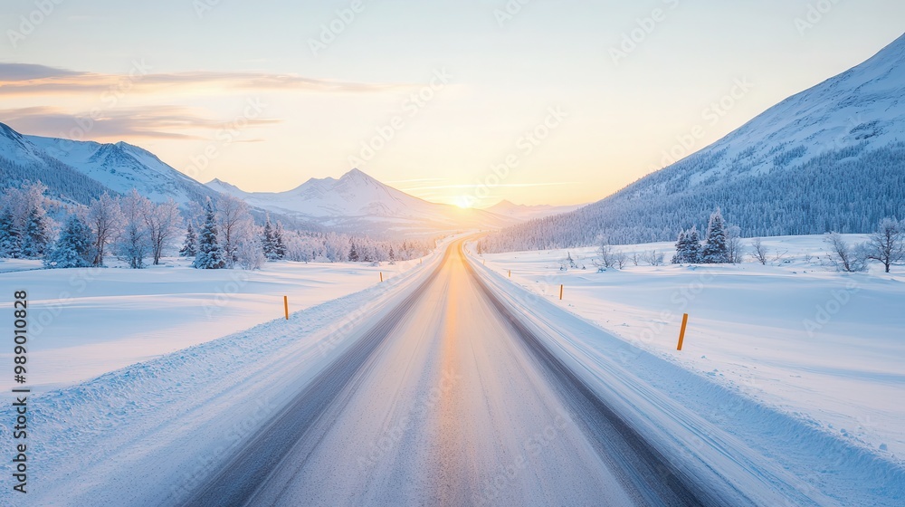 Wall mural Winter road in mountains with sunrise.