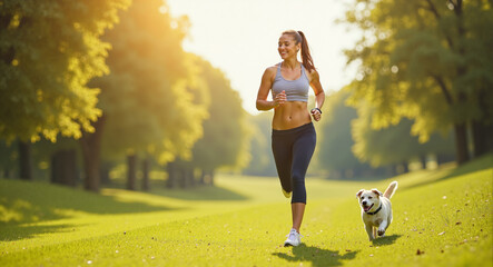 A girl running happily in the wilderness with a dog. Ai Intelligence Generation.