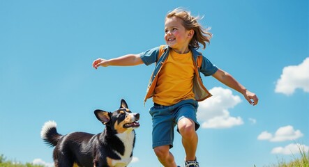 A boy playing happily in the wilderness with a dog. Ai Intelligence Generation.