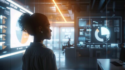 Thoughtful woman exploring Utilitarian concepts in a high-tech office, with data displays and collaborative zones, emphasizing a strategic and reflective approach to problem-solving