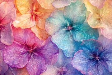 Vibrant rainbow-colored alcohol ink flowers with a dreamlike atmosphere in a soft gradient of pastel colors.