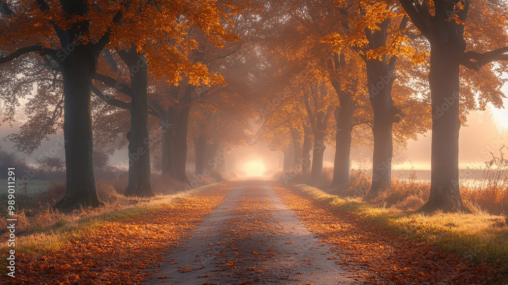 Poster a tranquil pathway surrounded by trees displays vibrant autumn leaves, illuminated by soft morning l
