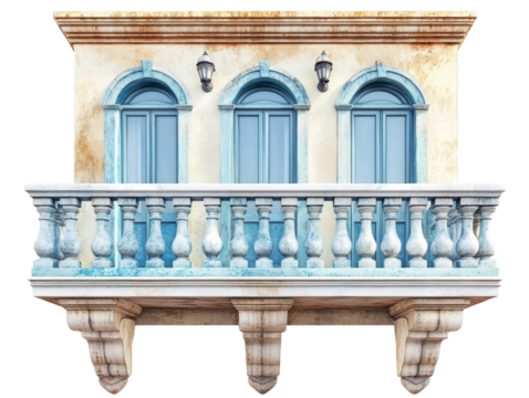Architectural balcony with blue windows, isolated on white background. transparent background - Powered by Adobe