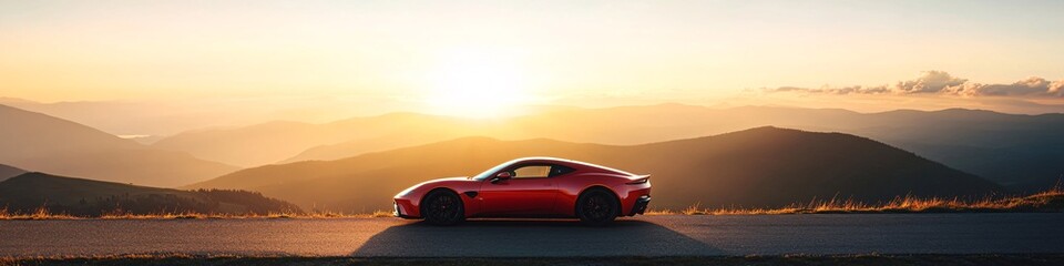 Fototapeta premium Red sports car at sunset on a mountain road
