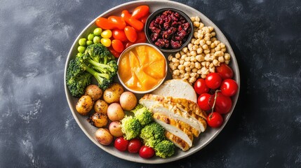 Balanced diet with portion-controlled meals for effective weight loss. No people, space for message