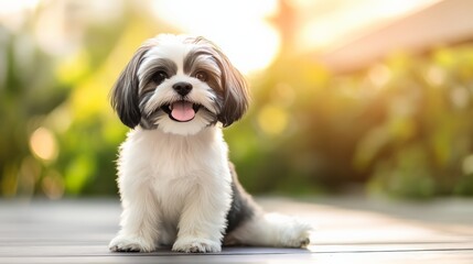 Adorable puppy sitting on a wooden deck with a blurred green background and sunlight, looking happy and playful.
