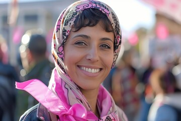Smiling Woman Wearing Pink Ribbon at Breast Cancer Awareness Event Surrounded by Supporters