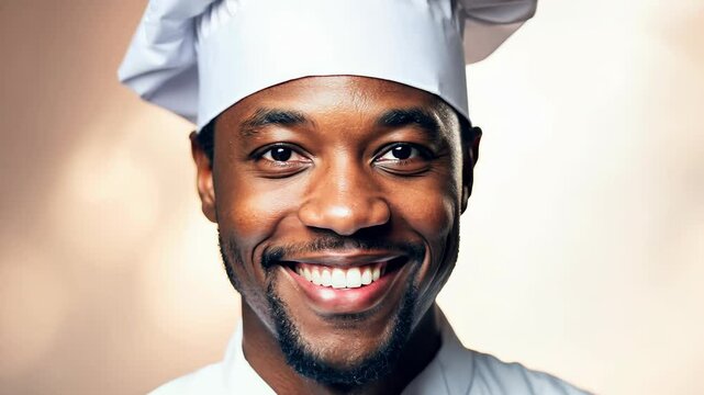 Smiling African-American chef wearing a white chef's hat and uniform
