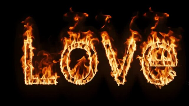 "Love" text in flames with a glowing effect on a black background