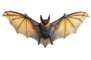 Bat with outstretched wings, detailed features, white isolated background. transparent background