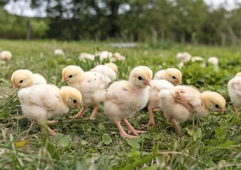 A group of adorable baby chicks in a grassy field