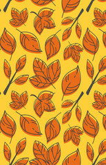 Vector seamless pattern of many big contour autumn leaves. Orange fallen foliage set. Linear hand drawn natural design. Bright cartoon kids print. Editable outline. Cute fall layout. Simple doodle art