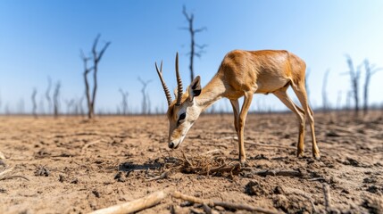 Lone Antelope Foraging in Arid Desert Landscape