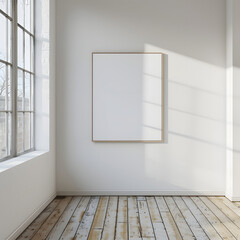 Obraz premium Mockup frame in minimalist interior background. Empty frame with natural sunlight on wall.