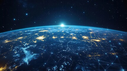 Obraz premium earth at night viewed from space showcasing global connectivity glowing city lights trace continents with digital networks overlaid to represent worldwide communication and data exchange
