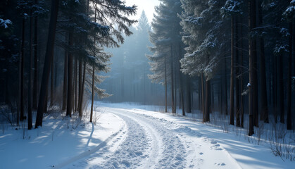 Mysterious winter forest scene with snow-covered evergreens and a winding road in frosty fog