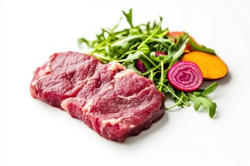 Fototapeta premium A raw steak accompanied by fresh arugula and colorful sliced vegetables on a white background.