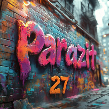  Colorful 3D graffiti spelling 'parazit' on vibrant brick wall with urban atmosphere