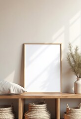 Obraz premium Canvas frame on wooden bench near stucco wall. Hand crafted decor pieces in farmhouse room. Boho interior design with home decor