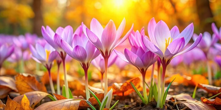 Beautiful colchicum autumnale flowers blooming in a vibrant autumn garden