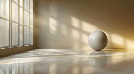 Minimalist Room with a White Sphere and Sunlight Streaming Through Window