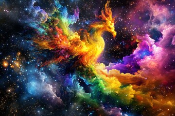 Naklejka premium A vibrant phoenix, a symbol of rebirth, soars through a cosmic landscape of twinkling stars and swirling nebulae.
