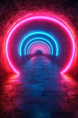 A futuristic tunnel lit with vibrant neon lights. Pink and blue glowing rings create an otherworldly feel.