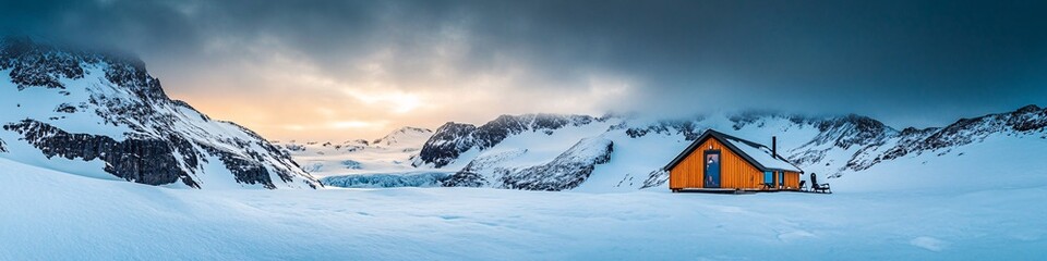Snowy Mountain Cabin at Sunset