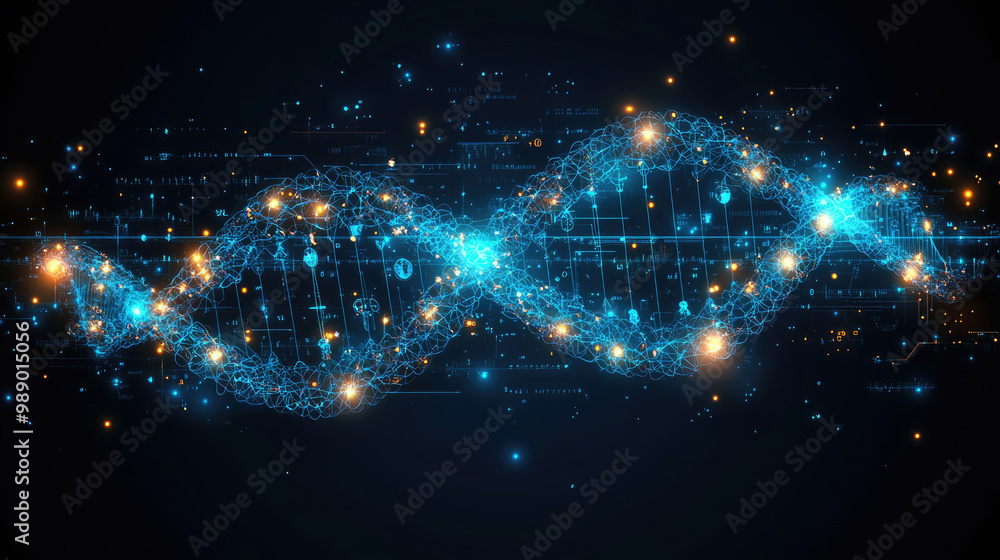 Poster a glowing dna double helix is highlighted with shimmering particles and digital symbols against a da