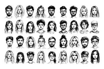 Fototapeta premium Human faces avatars black Ink sketch vector set. Young man woman glasses different hairstyles outline portraits boys girls hipster person characters, hand drawn monochrome isolated illustrations