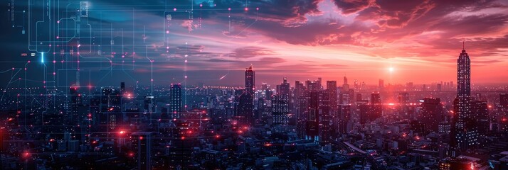 Fototapeta premium A futuristic cityscape at sunset with glowing lights and a dramatic sky.