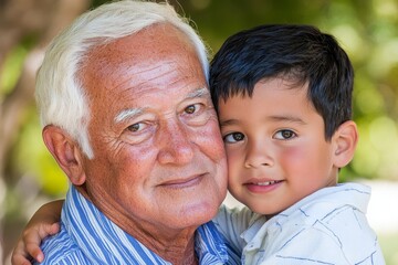 Fototapeta premium An elderly man of Hispanic descent warmly embraces his young grandson, showcasing a loving family bond.