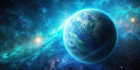 A stunning image of a blue and teal planet against a starry backdrop, illustrating the beauty of the universe