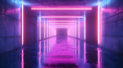 Naklejka premium Neon Lights in a Wet Concrete Corridor 3D Illustration