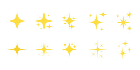 Sparkling star icons set. Set of yellow sparkle star icons. Rating star. Bright vector stars. Flash, shine sparkle icon, glare, light, blink star. Modern simple golden stars collection. 