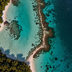 Drone shot capturing the vibrant colors of a coral reef just beneath the surface of calm turquoise waters, with a small island in the center framed by white sandy shores