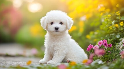 Adorable white puppy sitting on a garden path surrounded by colorful flowers, basking in the warm sunlight and enjoying the outdoors.