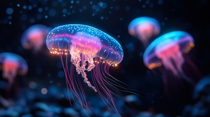 Surreal seascape of glowing jellyfish pulsing through dark ocean depths picture