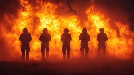 Fototapeta premium A group of soldiers stands in silhouette, facing a large, intense fire during a night training exercise, showcasing their strength and focus